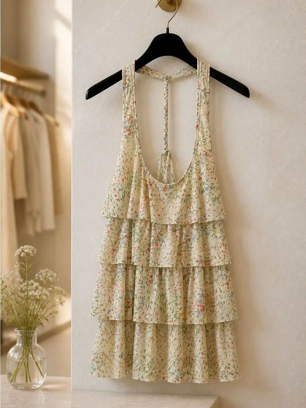 Tiered Floral Ruffle Tank Top - Cream with Pastel Floral